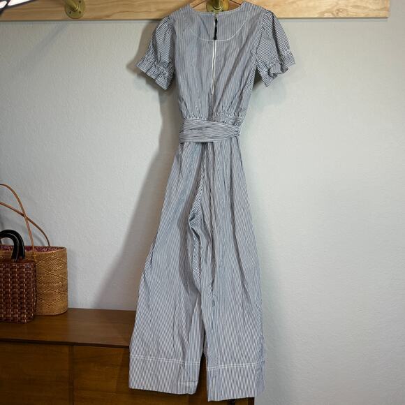 J.‎ Crew Women's Blue Pinstripe Short Sleeve Tie Waist Jumpsuit Size 0 NEW - Picture 5 of 8
